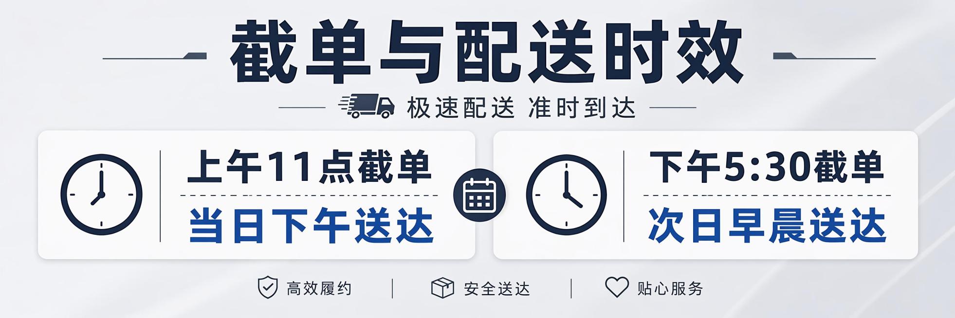 简约清晰横版商务通知海报，主标题"截单与配送时效"，副标题"极速配送 准时到达"，分两栏展示核心信息："上午11点截单 当日下午送达"，"下午5:30截单 次日早晨送达"，整体浅灰干净底色，信息分区清预览效果