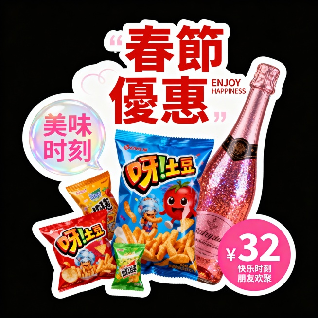 中间有零食饮料。紅色,主标题“春節優惠”，辅以英文“ENJOY HAPPINESS”；左侧气泡文案“美味时刻”，右下角粉色圆形价格“¥32”，小字“快乐时刻 朋友欢聚”。预览效果