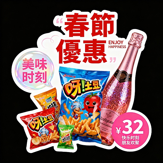 扁平风拼贴设计，卡通拟人形象活泼生动，波普艺术色彩碰撞，喜庆促销氛围浓厚，春节主题突出，传递欢乐聚餐的节日喜悦。