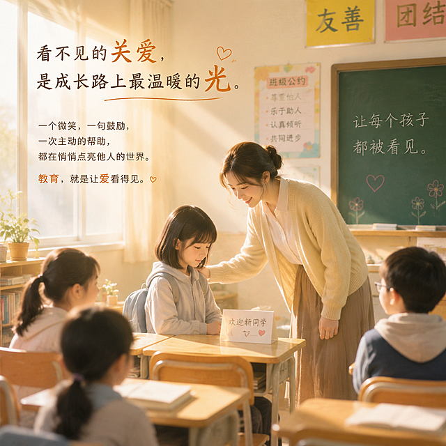 温馨校园教室场景，老师温柔引导安静转学生，阳光洒在课桌上，整体温暖治愈风格，契合教育主题，文案点题看不见的关爱