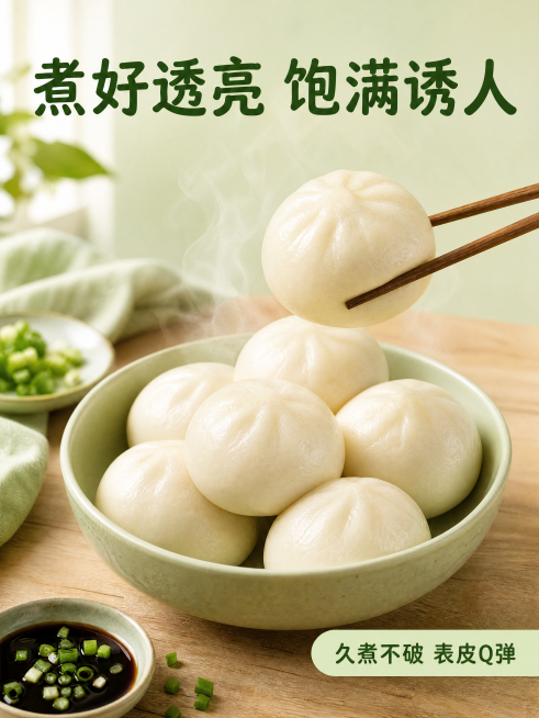 [第6屏] 成品展示，展示蒸熟后的纯手工良心包饱满诱人状态。
[氛围/风格] 热气腾腾家常食欲感，温馨餐桌氛围，真实食品摄影质感，让人感受到刚出锅的新鲜美味。
[元素布局] 画面主体是一碗盛好的蒸熟鲜预览效果