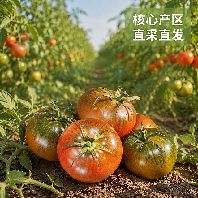 「图片1」，生成一套主图（5张），商品名称是正宗铁皮西红柿新鲜直发沙瓤爆汁番茄绿籽草莓芯，适配淘宝/天猫平台，主图比例为1:1