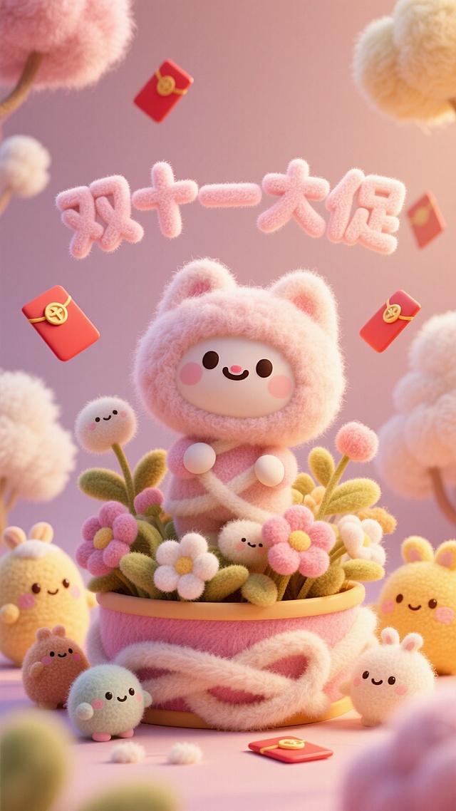 卡通主角为核心主体，周围环绕着造型 Q 萌的小生物以及装饰有花朵等元素的奇幻容器。标题“双十一大促”文字具有立体、醒目效果，以红色、金色等富有活力与喜庆感的色调为主。采用 3D 卡通渲染风格，画面呈现出治愈、温馨的氛围，类似经典萌系动画的视觉效果。以粉色、暖黄色等明亮、柔和的暖色调为主，营造出温暖欢快的色彩氛围。空中有飘落的红包元素，为画面增添活泼与惊喜感，各类元素的材质都带有柔软、蓬松的质感表现。