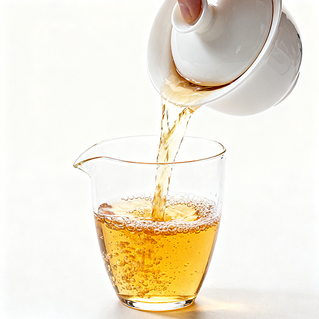 第四步：出汤入公道杯，正方形写实摄影，真实质感，大气暖调，从白瓷盖碗中将泡好的古树茶汤倒入玻璃公道杯，和示例图5的真实摄影风格保持一致，整体高端干净