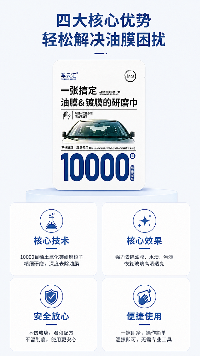 [第5屏] 核心卖点总览屏，梳理四大核心优势。本屏使用【图1】产品放在画面顶部展示。[氛围/风格] 清爽卡片式布局，专业清晰，信息层级分明。[元素布局] 产品在顶部居中展示，下方分四个卡片区块分别展示不同类型卖点：技术卖点、效果卖点、安全卖点、便捷卖点，每个卡片配对应图标、标题和简短说明，两列两排网格排布。[光影质感] 整体均匀明亮光线，每个卡片有浅灰色描边区分，卡片内部文字和图标清晰，阴影柔和层次分明。[配色色系] 全局底色：#F7FAFC；卡片背景：#FFFFFF；标题文字：#2B6CB0（蓝色）；说明文字：#4A5568；图标同标题蓝色。[视角构图] 顶部产品+下方四卡片网格，构图均衡，信息分区清晰，符合移动端阅读。[文字版式] 顶部主标题"四大核心优势 轻松解决油膜困扰"，深蓝色加粗居中。四个卡片标题分别为："核心技术" "核心效果" "安全放心" "便捷使用"，每个卡片标题下方配一行简要说明，文字大小适中，手机端清晰可读。[比例分辨率] 9:16竖版比例，4K分辨率，文字清晰可辨。[负向提示词] 卡片拥挤，文字错乱，产品变形，颜色对比不足，排版混乱