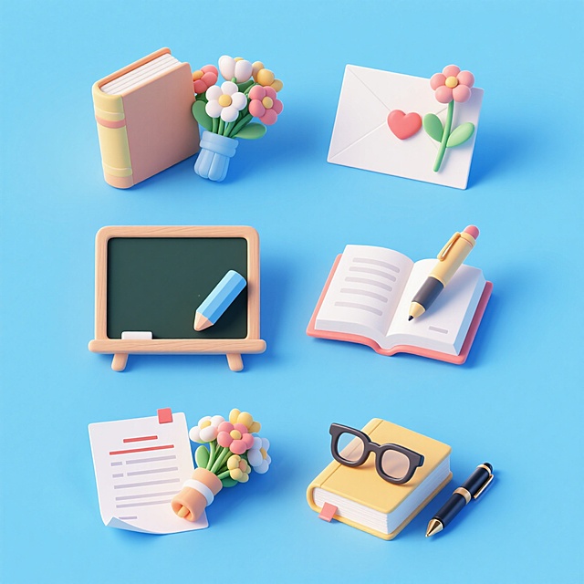 6个物品组合。第一个书本和一束花；第二个贺卡和花；第三个黑板和粉笔；第四个笔和展开的书本；第五个试卷和花；第六个眼镜、书本和钢笔。浅蓝色背景，上下两行，排列整齐