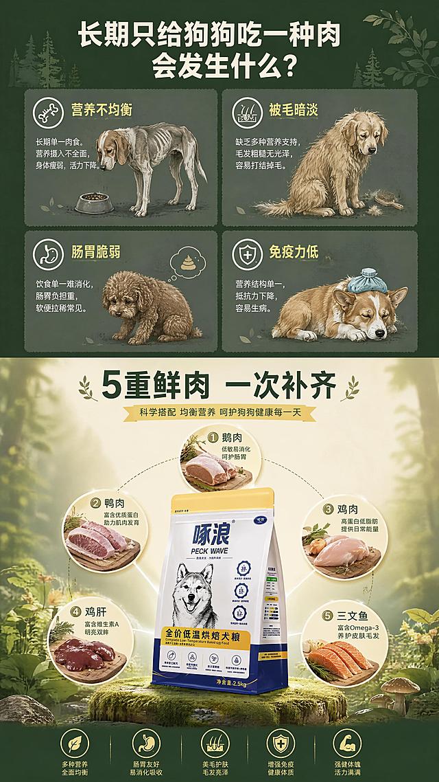 [第2屏] 痛点共鸣+解决方案——长期单一肉食的危害引出5重鲜肉配方。本屏使用【图5】作为商品参考（侧面袋装），参考【图1】的四宫格痛点版式。
[氛围/风格] 森系自然风，深绿底色+手绘插画元素，科普感+温馨感结合，宠物食品详情页风格。
[元素布局] 上半部分为痛点区：2x2四宫格布局，每格一个狗狗问题场景插画（分别是：营养不良瘦弱、被毛粗糙无光泽、肠胃软便、免疫力差易生病），每格配小图标和简短文字；下半部分为解决方案区，中央展示犬粮包装袋，周围环绕5种鲜肉食材（鹅肉、鸭肉、鸡肉、鸡肝、三文鱼），形成放射状构图。
[光影质感] 整体均匀柔光，痛点区偏冷灰调，解决方案区暖光突出，形成明暗对比引导视线。
[配色色系] 全局底色深森林绿#2D4A2E；痛点区用灰绿#4A5D4B底色；解决方案区用暖米白#F5EFE0高亮；文字色米白+暖黄。
[视角构图] 上下分屏构图，阅读动线顶部大标题 → 中部四宫格痛点 → 底部产品+解决方案。
[文字版式] 顶部主标题「长期只给狗狗吃一种肉 会发生什么？」，粗黑体米白色；四宫格每格小标题分别为「营养不均衡」「被毛暗淡」「肠胃脆弱」「免疫力低」；下方解决方案标题「5重鲜肉 一次补齐」；产品周围标注5种鲜肉名称。
[比例分辨率] 9:16竖版比例，4K分辨率，文字清晰可辨。
[负向提示词] 产品变形，文字错乱，二维码，条形码，医疗化表述，极端词，水印。