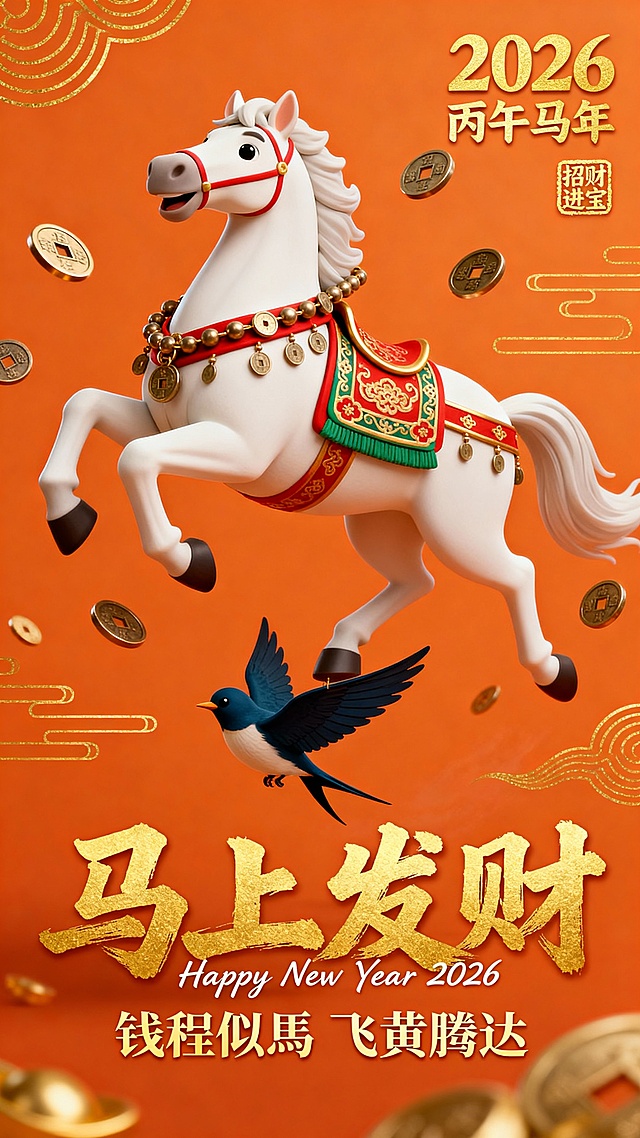 软3D风格卡通骏马跃动迎春，鎏金元素与中式纹样交织，融合国潮风与金属质感，喜庆橙色背景衬托招财进宝主题，寓意2026丙午马年马上发财、飞黄腾达。