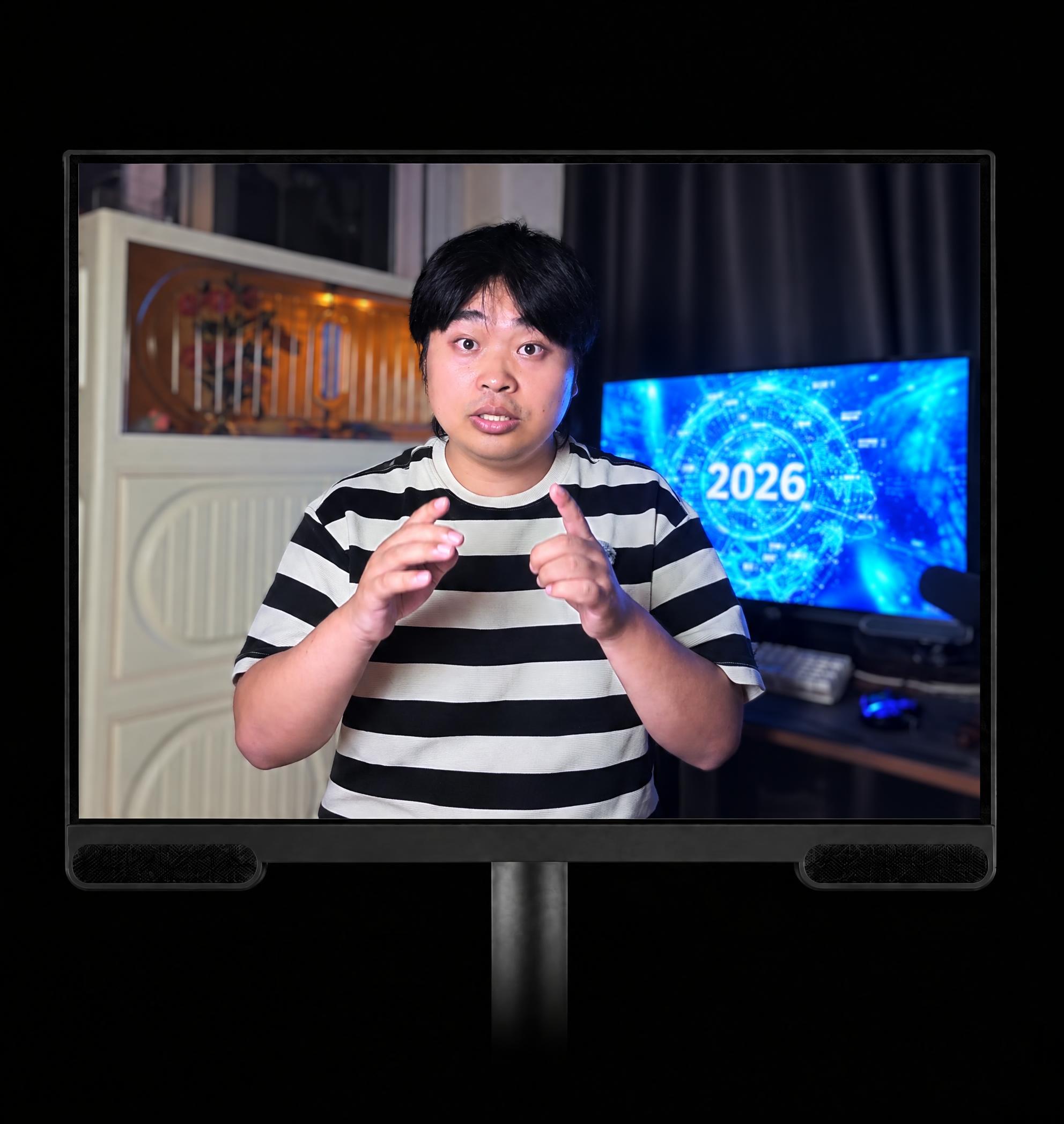 将第二张图中穿黑白条纹上衣的男性人物完整地放到这张图的电脑显示… - 图片创意预览