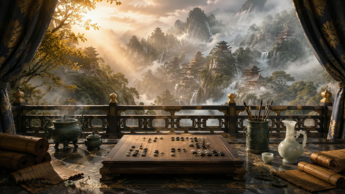 第一人称视角，透过两侧蓝底鎏金花纹的古典帷幔，从三国时期风格的宏伟观景露台眺望写实古风战略山水，三国SLG游戏场景原画，超写实厚涂，超写实电影级CG，8K超清，16:9超宽画幅，对称式构图。前景略带轻预览效果