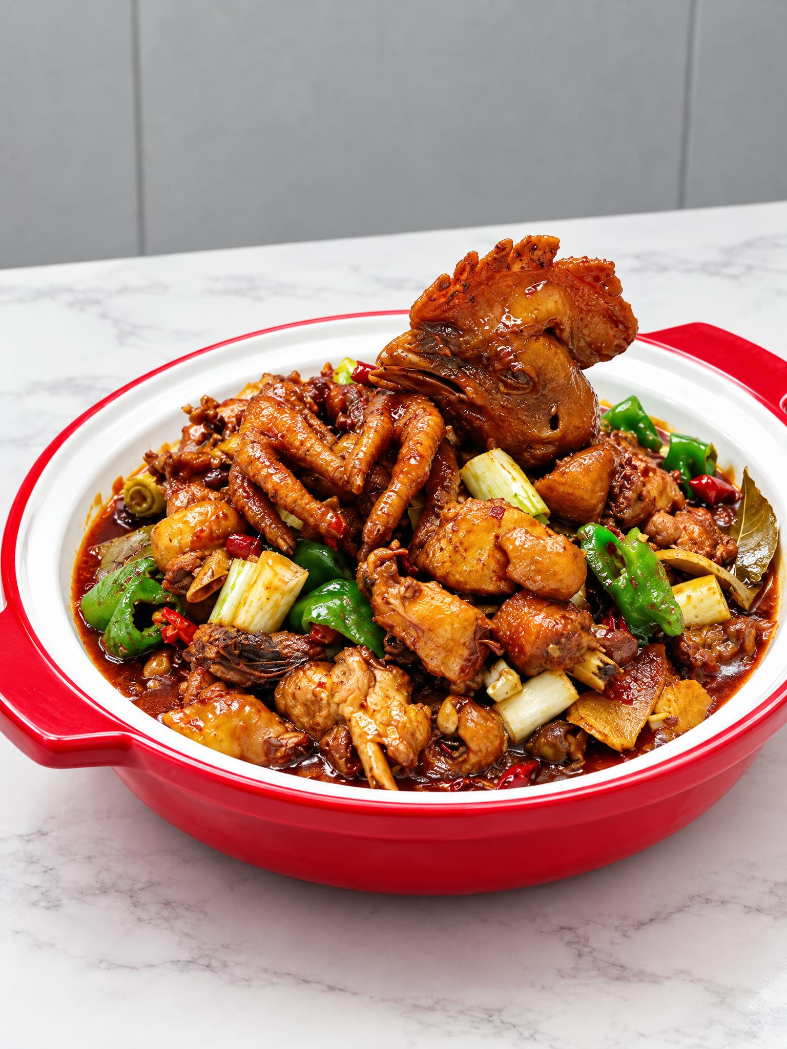基于参考图中的红烧土鸡菜品，生成左侧45度斜角角度的美食摄影图… - 图片创意预览