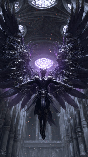 Dark seraphim with six blade wings, each wing segment a polished obsidian blade, silver filigree on预览效果