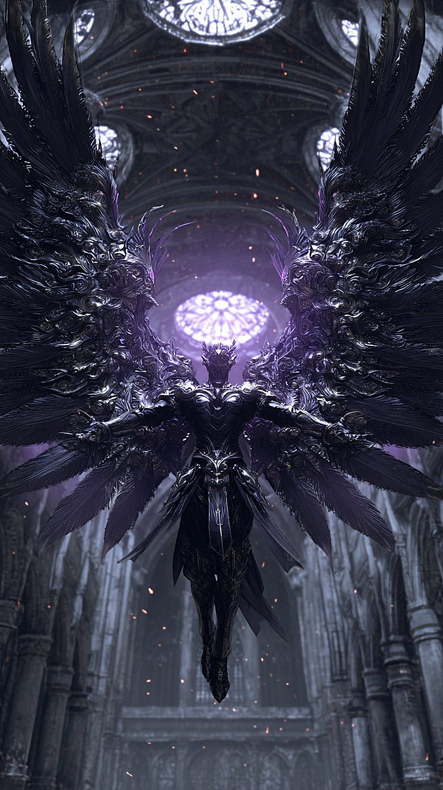 Dark seraphim with six blade wings, each wing segment a polished obsidian blade, silver filigree on black armor, glowing purple eyes, floating embers, desolate gothic cathedral background, harsh top-down lighting, ultra-detailed metal reflections, cinematic lighting