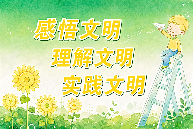 参考图中的卡通手绘风格，生成一张90x60cm横版的文明主题宣传画面，画面包含文字“感悟文明 理解文明 实践文明”，搭配向日葵、卡通小男孩爬梯子玩纸飞机的可爱插画元素，清新绿色渐变背景，温馨童趣的公益宣传海报风格