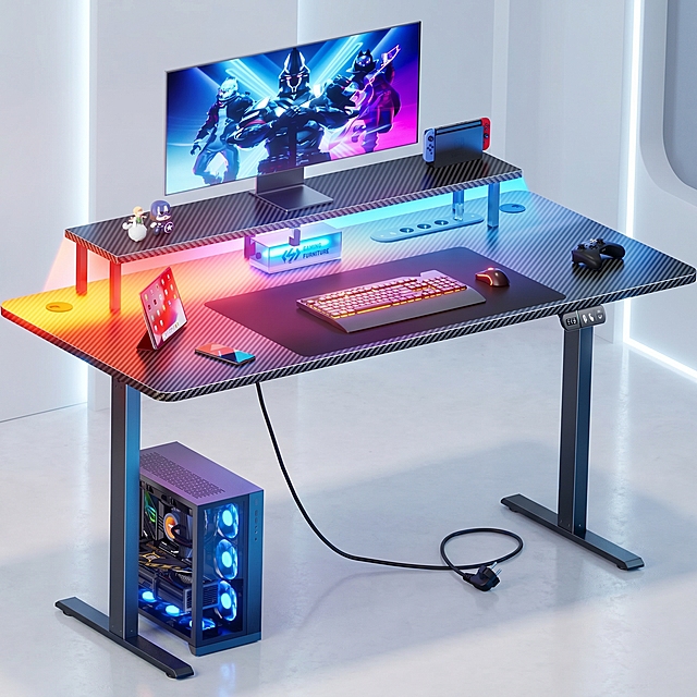 Completely preserve all the details, structure and color of the original gaming desk product, do not change any product content, only replace the background. Replace the background with minimalist modern white game studio background, clean minimalist style, with low saturation cool color matching, highlight the product itself. Keep the product's own LED light effect prominent, the combination of product and background is harmonious and natural. Commercial photography texture, soft light, high-definition. 1:1 2K resolution, comply with Amazon cross-border platform specifications. Negative prompt: deformation, watermark, text confusion, blurred product image, cluttered background