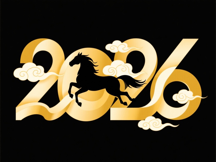 “2026” 金色艺术字，数字笔划缠绕祥云纹，融入奔腾骏马剪影，黑底预览效果