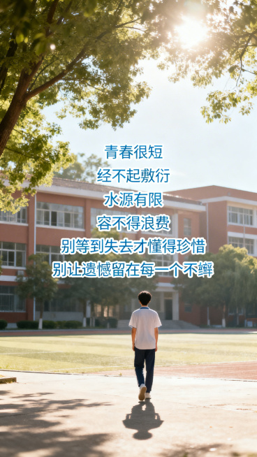 治愈风格背景，展示校园、阳光和少年背影，居中放置正文“青春很短 经不起敷衍 水源有限 容不得浪费 别等到失去才懂得珍惜 别让遗憾留在每一个不经意的瞬间”，正文使用浅蓝色，风格治愈清新预览效果
