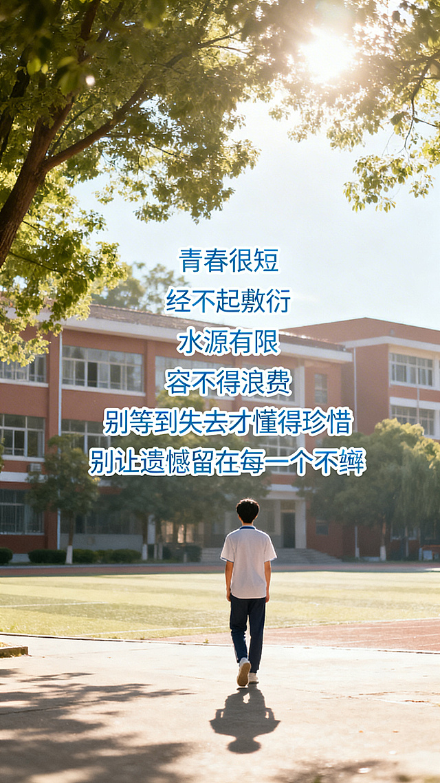 治愈风格背景，展示校园、阳光和少年背影，居中放置正文“青春很短 经不起敷衍 水源有限 容不得浪费 别等到失去才懂得珍惜 别让遗憾留在每一个不经意的瞬间”，正文使用浅蓝色，风格治愈清新