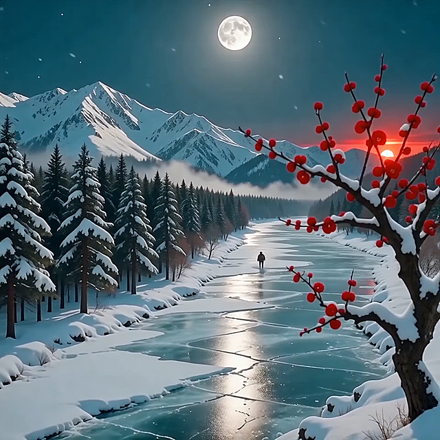 国潮风与水墨意境交融，雪夜月光映照冰河，红梅点缀静谧山林，光影流动间展现梦幻唯美的虚拟自然画卷。