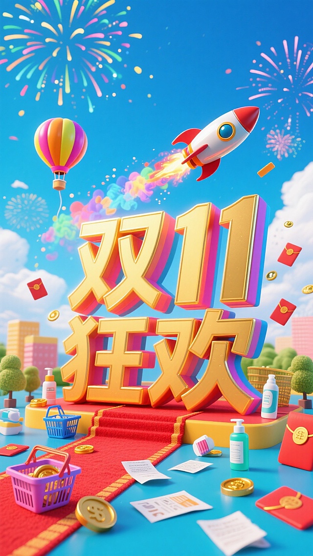 奇幻购物都市场景：以巨型 “双11 狂欢” 立体字为视觉核心，小火箭绕着文字飞过，背景是蓝天白云与烟花。场景中融入购物建筑、热气球、红地毯，散落购物篮、商品（洗护、纸品等）、红包、金币