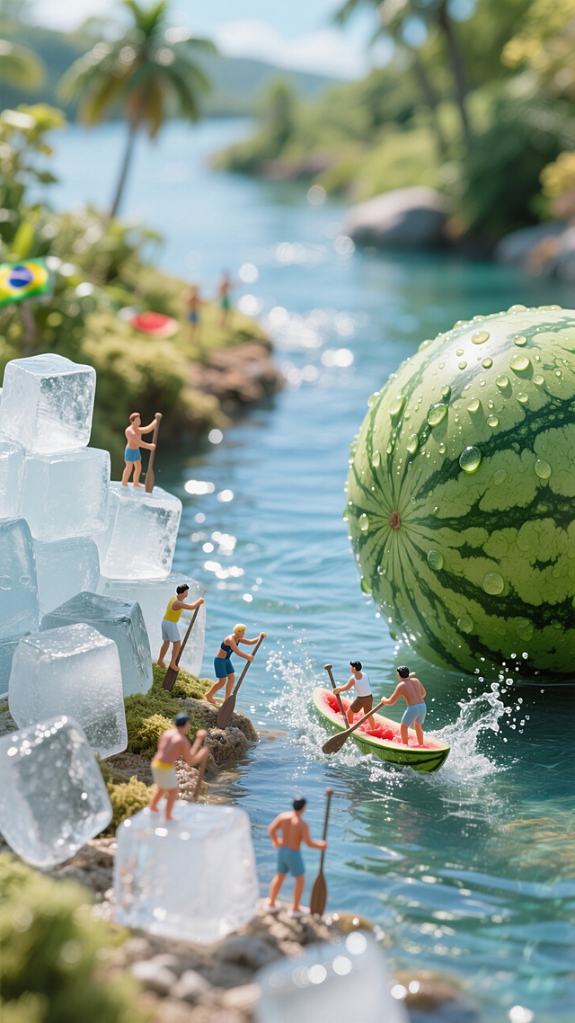巴西风情，一条清澈的河，河岸是由大小不一样的冰块组成的，河岸旁还有巨大的西瓜，西瓜上面还有水珠，河里有几个人在划船，整个图片给人一种五彩斑斓的夏天，凉快降温的感觉