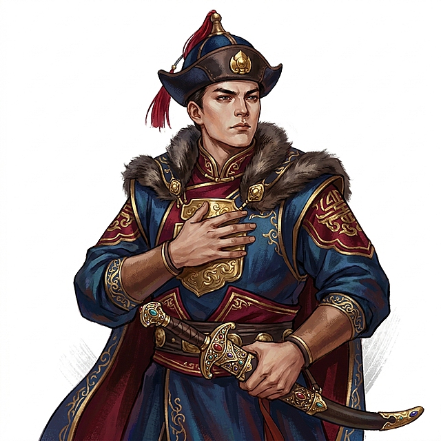 模仿这张图片的比例和画风，绘制金庸主题武侠游戏中的人物立绘，人物的动作、姿势、服饰和发型为金庸小说《倚天屠龙记》中的王保保，整体造型体现出蒙古年轻将领的身份，手势和动作威严、有设计感。人物的五官和表情贴近男明星于适，要求很明显看出是于适。人物为半身像大概在腰部以上，不带红线、不带墨迹、不带护腕。