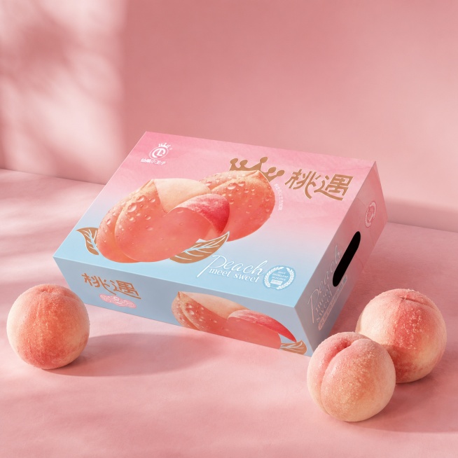 商业级产品摄影，主体水蜜桃包装盒，产品占画面60%~70%，完整不裁切，绝对视觉主导，中景构图。水蜜桃包装盒严格参照上传产品图，完整保留所有可见组件、轮廓、结构、比例、材质、颜色与产品本体上的文字信息预览效果