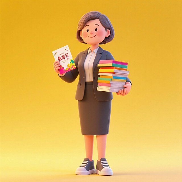 软3D风格教师形象，卡通感十足，融合温馨与商务气质，手持教师节贺卡与书本，展现轻拟物设计，突出节日氛围与可爱体积感。