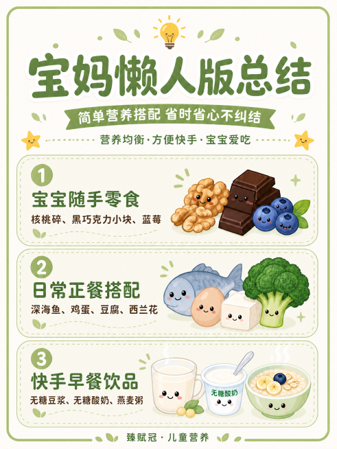 参考上传图片，保持原有的干净整洁少儿科普扁平插画风格，3:4比例，仅修改底部文字，把底部的"懒人妈妈·轻松育儿"替换为"臻赋冠·儿童营养"，其余所有内容、排版、配色、插画保持不变，整体风格和原图保持一预览效果