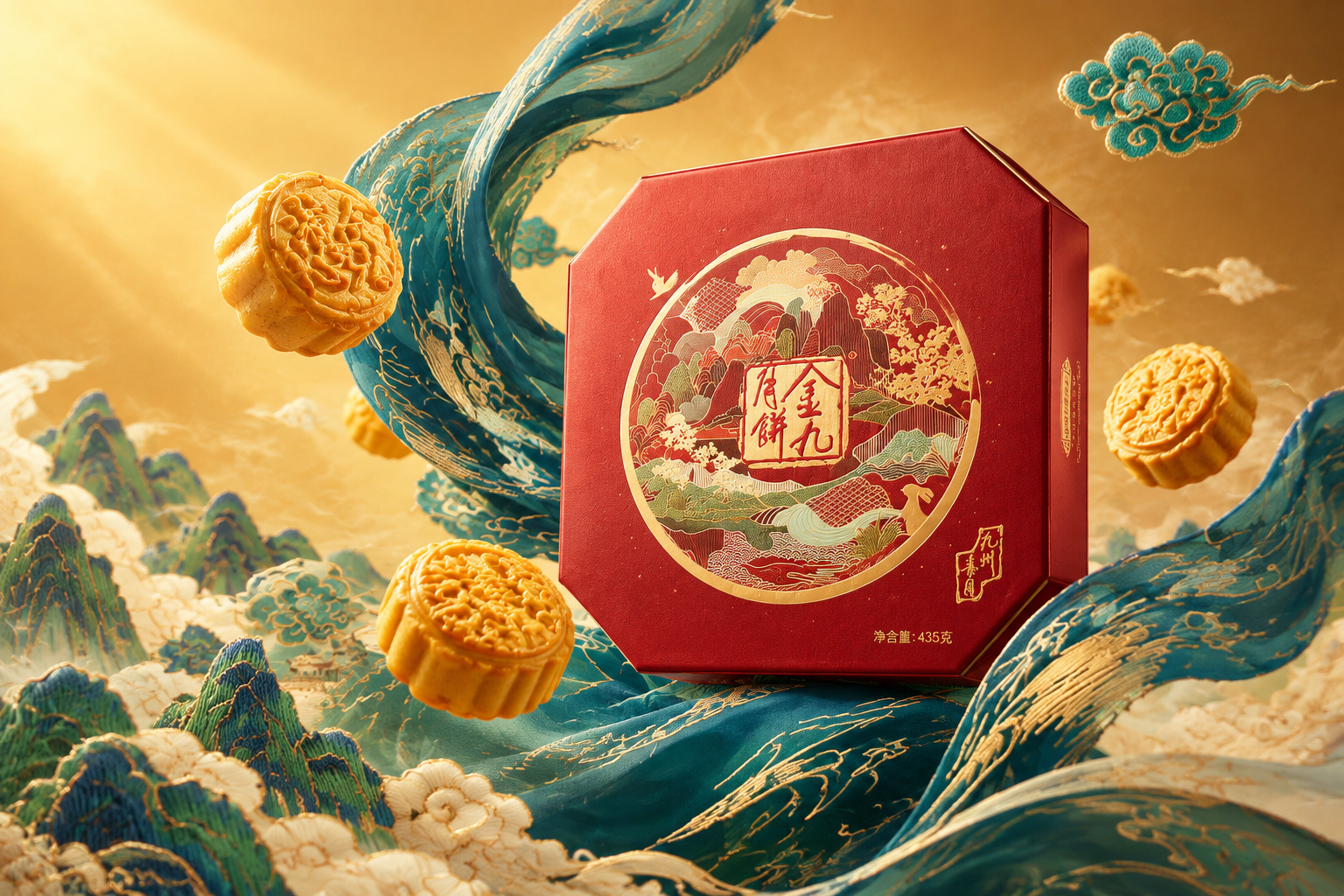 参考图的国潮新中式风格，重新生成中秋月饼礼盒画面：红色八角形月… - 图片创意预览
