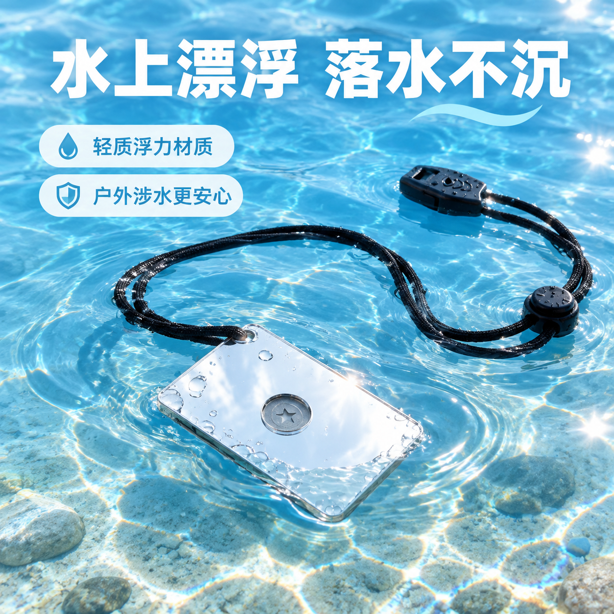 [主图-4] 水上漂浮设计卖点图，突出信号镜可漂浮的防水安全特… - 图片创意预览