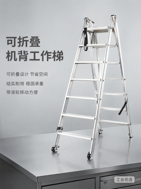 [主图-1] 折叠机背工作梯首图，专业五金器械展示。
[氛围风格] 简洁稳重专业风格，京东平台品质感。
[画质] 商业摄影质感、光线柔和通透、产品清晰真实、画面干净高级。精修清理灰尘油污划痕，金属边缘预览效果