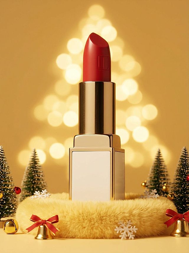 主体放置在黄色毛绒展台上，背后有一盏灯，主体后映着一个大的暖黄色圣诞树散光光斑，保证融图效果，四周错落地摆放圣诞元素，点缀白色雪花，整体色调暖黄温馨。