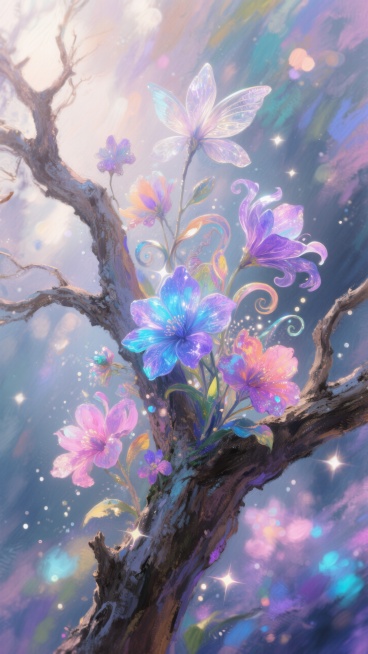 枯木的枝干上，生长出各种奇幻的花朵，色彩斑斓，周围是梦幻般的光影效果预览效果