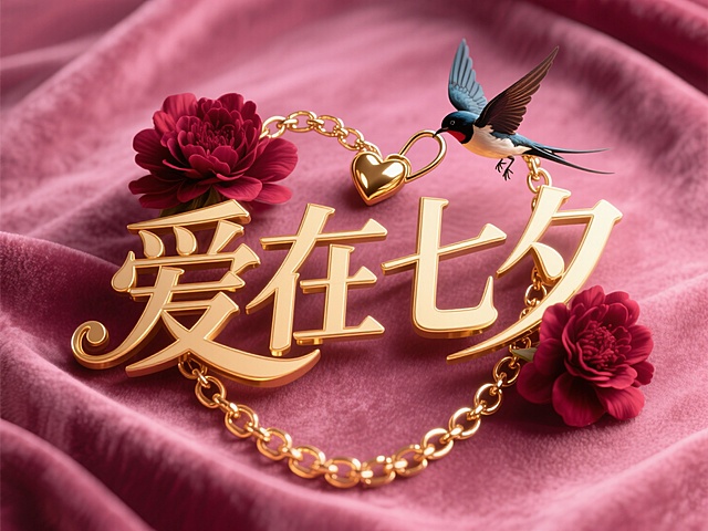 画面以粉色丝绒为底，金色 “爱在七夕” 字样醒目，搭配心形锁链、红花朵与飞鸟，精致又浪漫，满溢七夕的爱意与甜蜜。