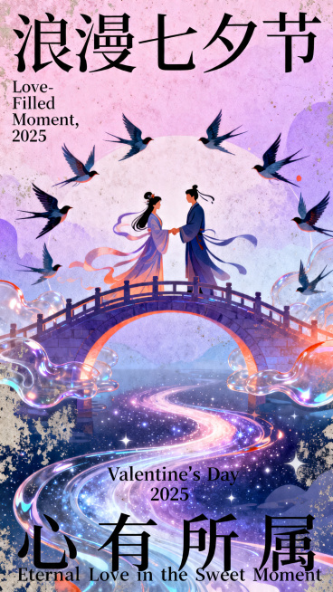 七夕情人节系列海报，9:16竖版，新中式扁平商业插画风格，采用平面插画设计手法，肌理做旧噪点营造氛围，搭配渐变晕染效果。背景为玫瑰粉浅紫高饱和渐变，冷色调为主，局部暖色点缀，富有层次感，融入超现实动感预览效果