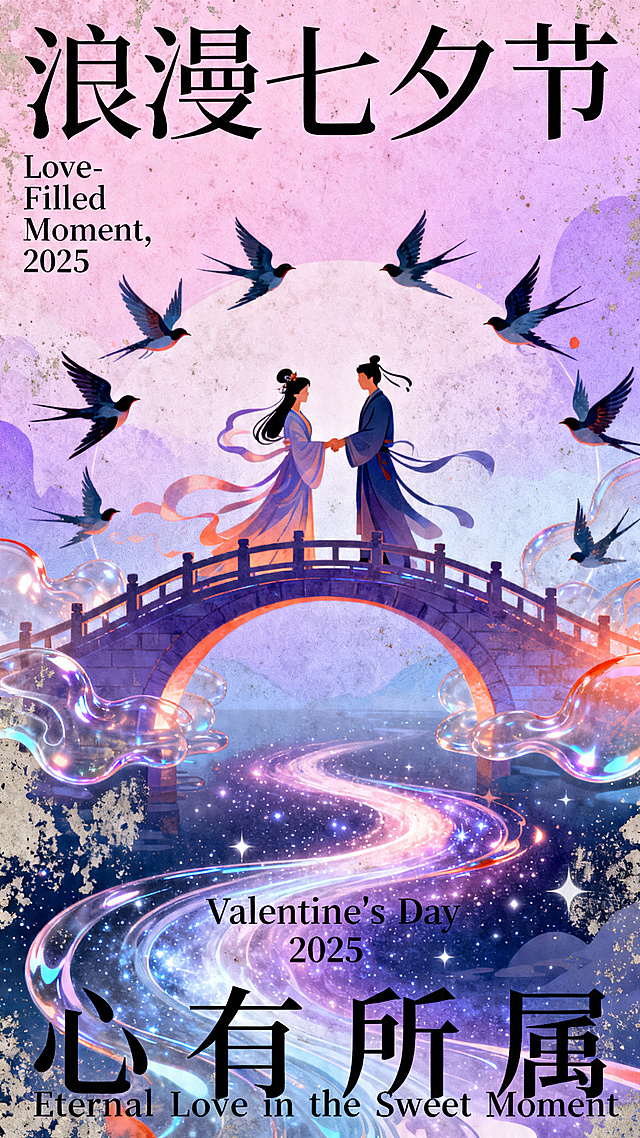 七夕情人节系列海报，9:16竖版，新中式扁平商业插画风格，采用平面插画设计手法，肌理做旧噪点营造氛围，搭配渐变晕染效果。背景为玫瑰粉浅紫高饱和渐变，冷色调为主，局部暖色点缀，富有层次感，融入超现实动感元素和透明流体模拟爱之光影，营造浪漫爱情意境。海报包含文字：顶部写"浪漫七夕节"，左侧写"Love - Filled Moment, 2025"，底部写"心有所属"和"Eternal Love in the Sweet Moment"，中央写"Valentine's Day 2025"，本张海报以鹊桥相会为主题内容