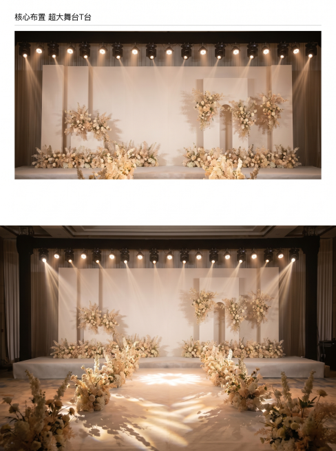 [主图 2] 婚礼现场布置细节展示图，展示舞台和T台。
[氛围风格] 简约大气温馨浪漫，真实婚礼现场质感，贴合台州本地婚庆风格。
[画质] 高清实拍质感，光线柔和通透，场景清晰真实，画面干净高级无多余预览效果