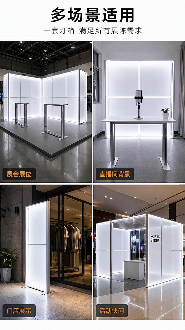 [第3张] 场景适配-SEG模块化灯箱多场景应用展示。本张使用【图4】作为主体（三面围合+展台场景），【图7】作为辅助（大型展位场景）。
[氛围/风格] 现代商业空间感，多场景拼图呈现，真实展陈氛围，专业大气。
[元素布局] 画面采用2x2四宫格布局，每格展示一个应用场景：左上「展会展位」-大型三面围合灯箱+双展台的完整展位场景；右上「直播间背景」-单面灯箱作为直播背景墙场景；左下「门店展示」-立式灯箱放在门店入口场景；右下「活动快闪」-组合式灯箱快闪店场景；每格底部标注场景名称标签；灯箱结构、铝框、发光效果与输入产品图一致。
[光影质感] 每个场景独立打光，灯箱LED发光均匀柔和，空间感强，整体色调统一偏冷白。
[配色色系] 全局底色 #FFFFFF 白色分隔线；主色银灰铝框+冷白灯光；辅助色深灰标签+橙色场景名。
[视角构图] 四宫格正面平视，每格独立场景，顶部通栏标题，阅读动线顶部标题 → 四格场景从左到右从上到下。
[文字版式] 版式为顶部通栏标题 + 2x2四宫格场景图 + 每格底部场景标签。主标题「多场景适用」，副标题「一套灯箱 满足所有展陈需求」；四个场景标签分别为「展会展位」「直播间背景」「门店展示」「活动快闪」；标签为圆角半透明黑底白字，位于每格左下角。
[比例分辨率] 9:16 竖版比例，4K分辨率，文字清晰可辨，高清画质。
[负向提示词] 场景混乱，灯箱变形，文字过小，水印，颜色偏差，结构错误。