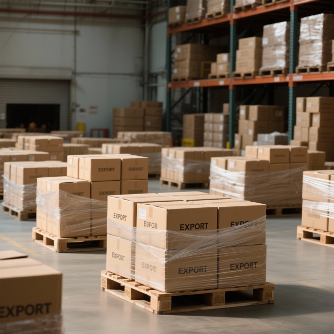 要1:1的图片，帮我生成一个成品仓库，里边有多个托盘上已经包装好的壁炉产品，每个托盘上大约有12个纸箱，纸箱内包装着壁炉，外面用拉伸膜包裹，照片要求真实，外包装箱上体现出出口的英文字样，包装箱上不要有预览效果