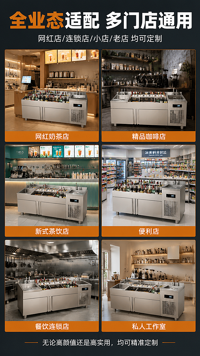 [第8张] 商用定制制冰机详情页第八张，场景适配·多门店通用。本张使用【图5】【图7】等产品配合多场景拼图。
[氛围/风格] 场景氛围风，多场景拼图布局，真实门店感，丰富有代入感。
[元素布局] 画面采用多格场景拼图，展示6类门店场景：网红奶茶店操作台场景、精品咖啡店吧台场景、新式茶饮店全景、便利店水吧区、餐饮连锁店后厨、私人工作室；每个场景格中有对应风格的定制制冰操作台产品，融入门店环境；场景格之间有细边框分隔。
[光影质感] 每个场景格有独立的门店环境光影：奶茶店暖光、咖啡店工业风、便利店冷白光等，真实自然；产品在各场景中光影统一协调。
[配色色系] 全局底色深灰#2C3E50；场景格内各有门店主色调；统一橙色#E67E22标签色；文字白色。
[视角构图] 多格拼图布局（3行2列），阅读动线顶部标题→6个场景格逐行浏览。
[文字版式] 顶部大标题：「全业态适配 多门店通用」，白色粗黑体，橙色「全业态」高亮；副标题：「网红店/连锁店/小店/老店 均可定制」，白色细体；6个场景格各有底部标签条：「网红奶茶店」「精品咖啡店」「新式茶饮店」「便利店」「餐饮连锁店」「私人工作室」；底部小字：「无论高颜值还是高实用，均可精准定制」。
[比例分辨率] 9:16竖版，4K分辨率，文字清晰可读。
[负向提示词] 场景错乱，产品变形，文字过小，水印，拼图边框不齐。