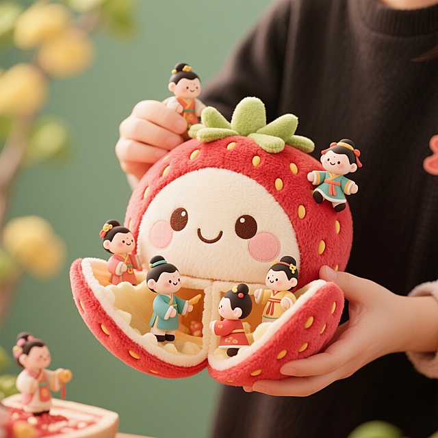 软3D风草莓拟人化，内藏国潮风卡通人物，可爱感十足，创意独特。