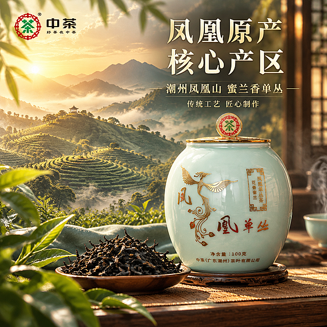 [主图-2 1:1] 核心亮点与溯源，突出凤凰单丛的潮州产地与正宗品质。
[统一基调] 沉浸式氛围感新中式风格，暖调琥珀金与青瓷青为主色调，背景为朦胧的中式茶空间，有竹影、窗棂光斑、袅袅茶香雾气，整体温润雅致，高级电影感光影。标题字用米白+浅金描边的粗宋体，辅助文案用细黑体浅金色。左上角放置中茶品牌Logo。
[画面] 画面右侧展示青瓷茶叶罐特写，左侧背景融入潮州凤凰山茶园意境，层叠茶山云雾缭绕，近处有几枝新鲜茶青茶叶作为前景装饰。罐子旁边摆放一小撮干茶，干茶条索紧结乌褐油润。产品占画面约50%。
[光影质感] 自然暖光从茶山方向洒来，形成远山近物的景深效果，青瓷罐表面有细腻光泽，茶叶纹理清晰可见。
[配色] 远山黛青+茶园翠绿+暖金阳光+青瓷青，层次丰富自然。
[文字版式] 右上方大字号主标题"凤凰原产 核心产区"，下方分两行小字"潮州凤凰山 蜜兰香单丛"，再下方"传统工艺 匠心制作"。文字放在画面上部负空间，不遮挡产品。
[输出要求] 800*800正方形，产品清晰不变形，文字清晰可读，无错字，无水印，无平台Logo，画面有产地氛围感。