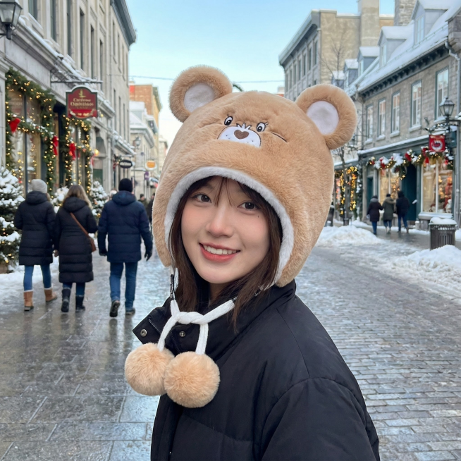 帮我生成模特图，模特选择中国网红，背景选择街道或者雪地，不要改变我帽子原来的特征预览效果