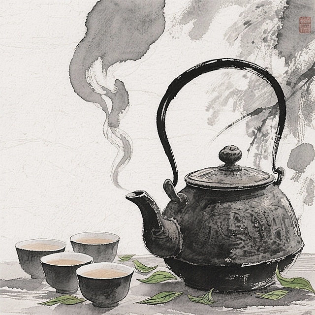 生成一张图片，需要茶壶、茶杯、茶叶，为水墨画风