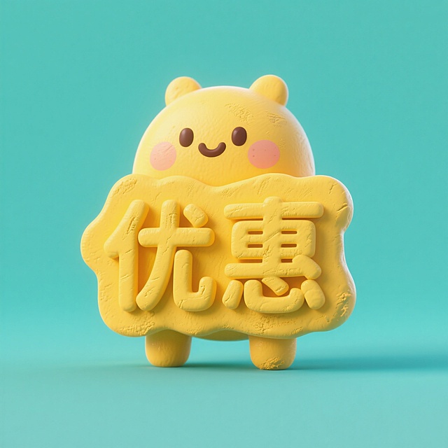 可爱卡通熊，3D粘土风设计，拟人化表情，手持“优惠”牌，清新节日氛围。