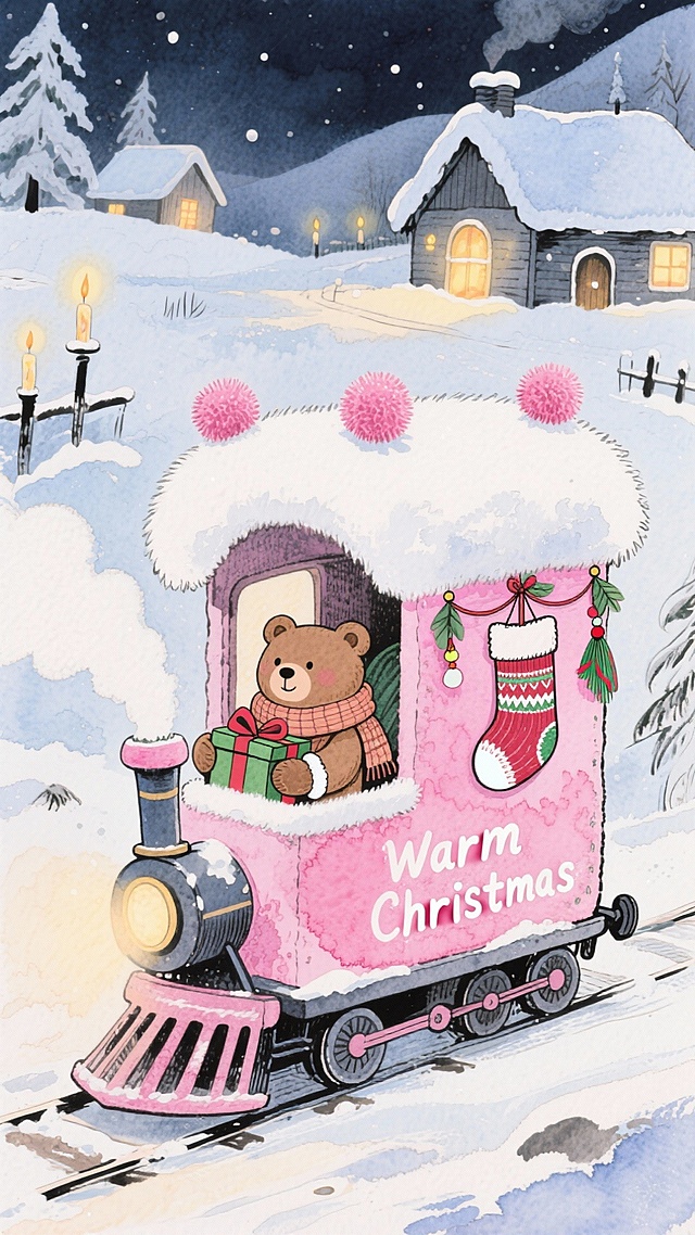 水彩风插画，拟人小熊驾驶粉色圣诞火车，毛发生长质感营造温馨梦幻感，点缀节日元素，传递可爱喜庆的冬日暖意。