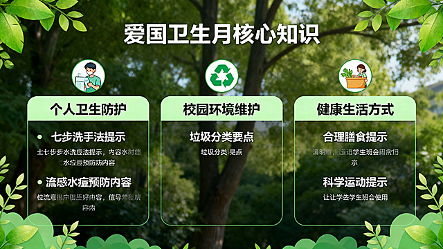 爱国卫生月知识讲解PPT页面，清新绿色风格，分为三个模块：1.上方标题"爱国卫生月核心知识"；2.左侧模块"个人卫生防护"，包含七步洗手法提示、流感水痘预防内容；3.中间模块"校园环境维护"，包含垃圾分类要点；4.右侧模块"健康生活方式"，包含合理膳食科学运动提示，排版清晰分区明确，适合学生班会使用