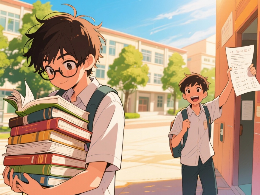 搞笑漫画风格图片生成，画面中学生抱书苦读时眼镜滑鼻尖、头发凌乱，从考场上从容走出来，背景为阳光明媚的校园场景，整体为粗线条高饱和色彩的漫画风格，尺寸760x570像素。预览效果