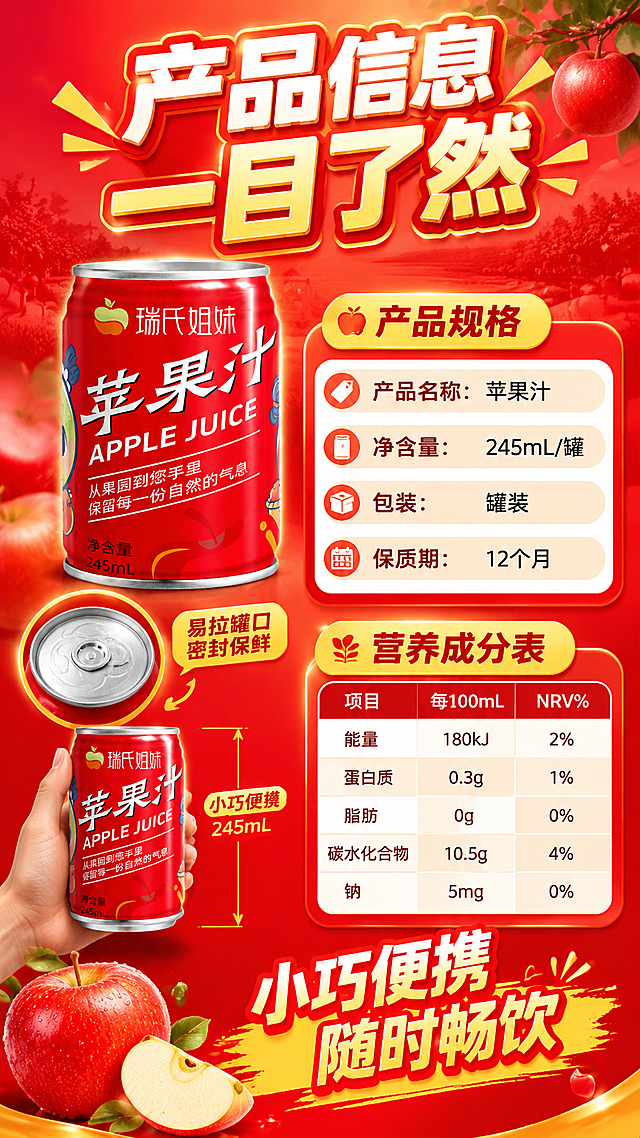 [商品] 使用【图1】瑞氏姐妹红色罐装苹果汁；保留罐体红色、银色罐口、"瑞氏姐妹"Logo、"苹果汁"大字、净含量245mL字样，罐体结构比例不变。
[画面] 规格信息页，左图右文构图。左侧展示单罐苹果汁全身+罐口细节特写组合，占画面约45%，罐体旁有手掌对比展示245mL小罐便携尺寸。右侧为规格参数卡片和营养成分表，背景为红色渐变+浅色几何底纹。
[视觉] 套系策略：风格=拼多多大字报式食品商业摄影，高饱和度强对比；标题字=粗黑体厚重字；正文字=简洁黑体；主色=正红+苹果红；背景延展=基于正红做深浅渐变、光晕、果园剪影层次；强调色=金黄，用于小面积标签、图标、高光点缀；标题色=白色+金黄描边；正文色=白色/浅黄；组件=圆角红黄渐变信息卡、粗线条引线、爆炸贴标签；光影=正面偏上暖强光，产品高光明显，立体感强。
[文字] 顶部大标题"产品信息 一目了然"。规格卡："产品名称：苹果汁""净含量：245mL/罐""包装：罐装""保质期：12个月"。营养成分表区域："能量""蛋白质""脂肪""碳水化合物""钠"五项基础营养（数值用合理范围表示）。底部"小巧便携 随时畅饮"标签。文字全部横排，表格清晰，手机端可读。
[规格] 图片比例9:16竖版，4K，避免变形、错字、文字过小、冷蓝背景、罐体颜色改变、包装文字错乱、虚假参数承诺。